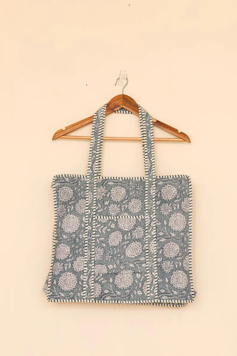 Handcrafted Blue Floral Quilted Cotton Tote Bag