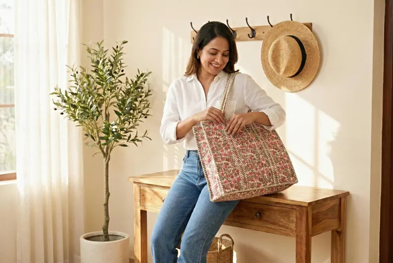 Handmade Quilted Floral Cotton Tote Bag with Green Trim