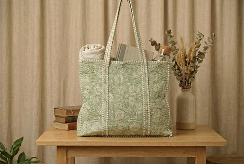 Handcrafted Quilted Cotton Sage Green Floral Tote Bag