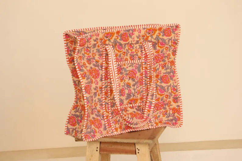 Boho Pink & Orange Floral Quilted Cotton Tote Bag