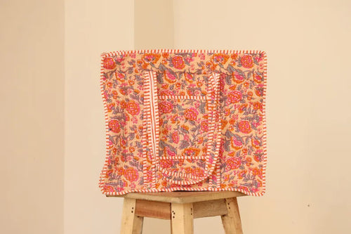 Boho Pink & Orange Floral Quilted Cotton Tote Bag