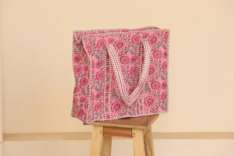 Handprinted Pink Quilted Cotton Tote Bag