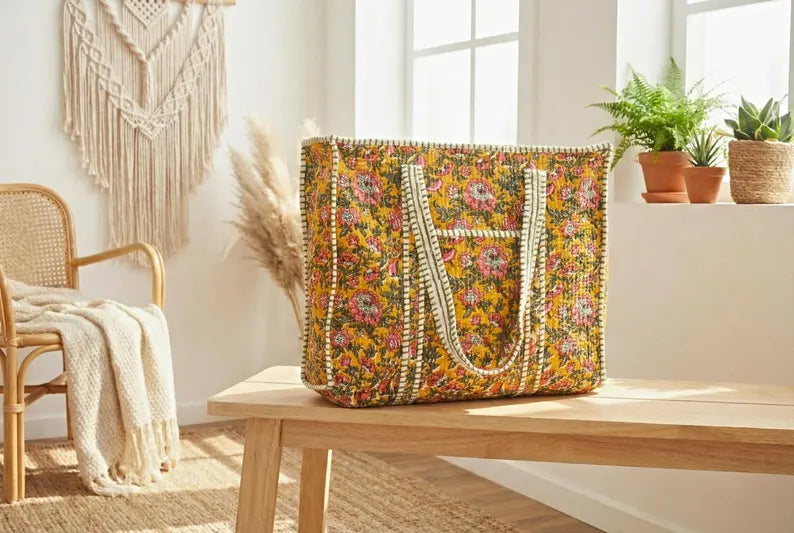Mustard Floral Quilted Cotton Tote Bag