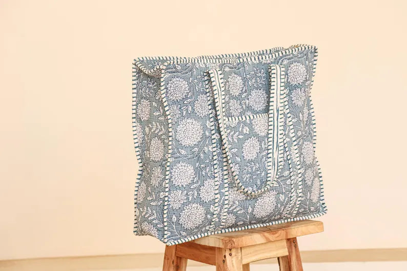 Handcrafted Blue Floral Quilted Cotton Tote Bag