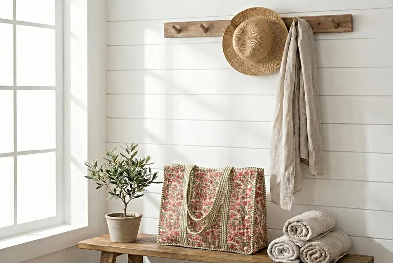 Handmade Quilted Floral Cotton Tote Bag with Green Trim