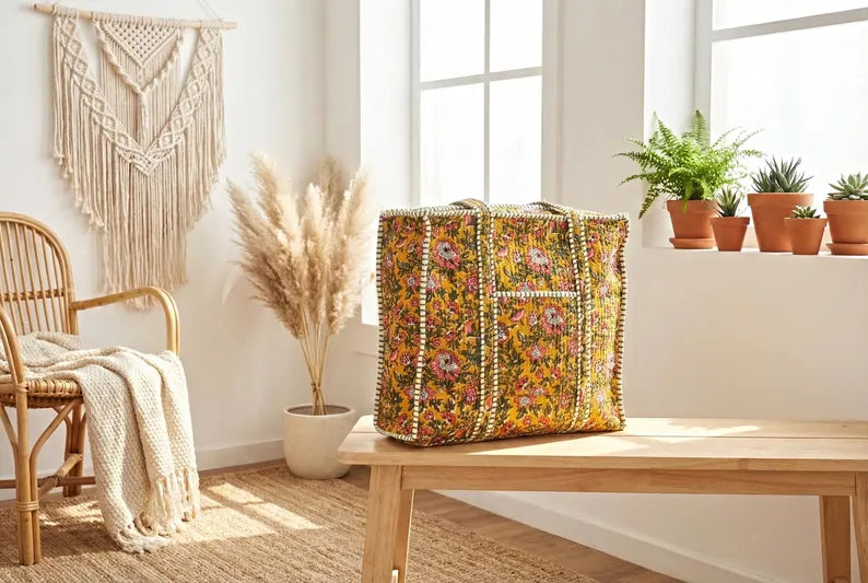 Mustard Floral Quilted Cotton Tote Bag