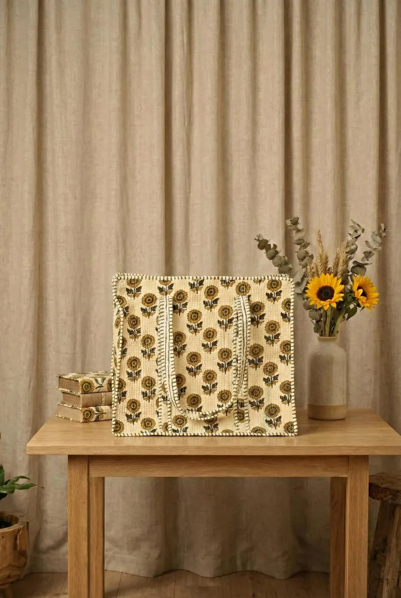 Sunflower Floral Quilted Cotton Tote Bag
